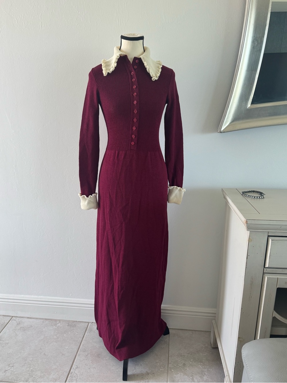 Wine Red Long-Sleeve Maxi Dress with Contrast Cream Collar